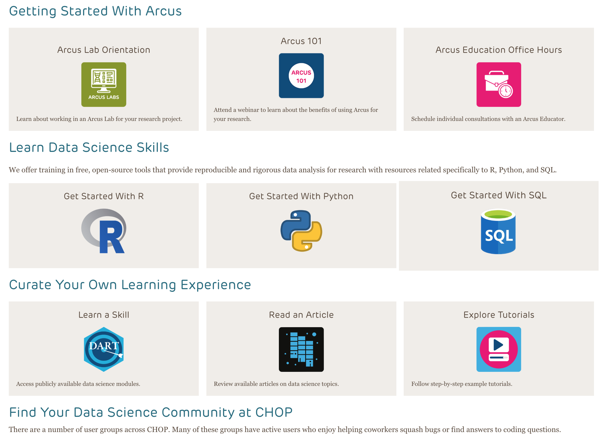 Education website page that includes three sections titled Getting Started with Arcus, Learn Data Science Skills, and Curate Your Own Learning Experience.