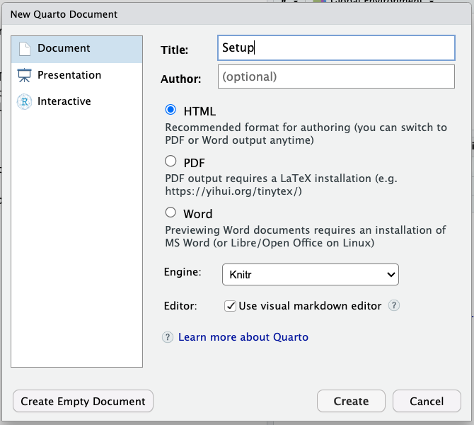 New Quarto Document form which includes Title and Author.  Title is filled in with the word Setup and everything else is left as default.