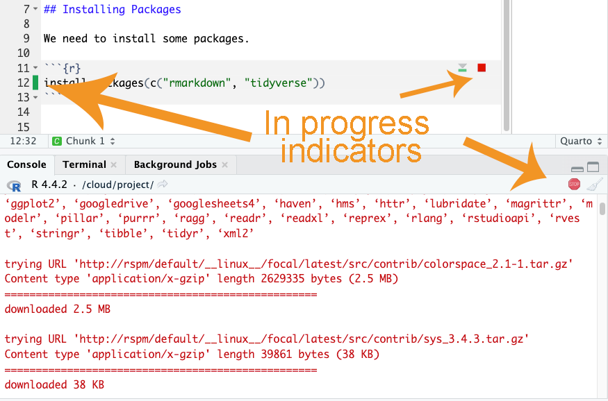 A code chunk and the R console, with three indicators of the code being executed indicated with arrows.