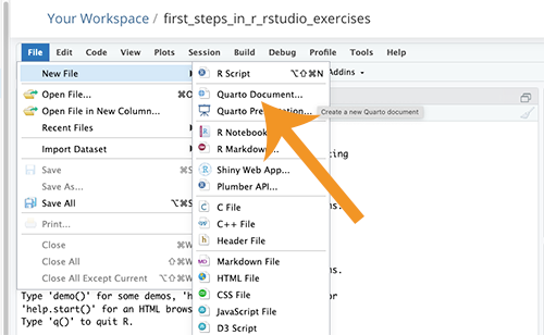 File Menu from Posit.cloud R environment, with Arrow indicating New File, Quarto Document.
