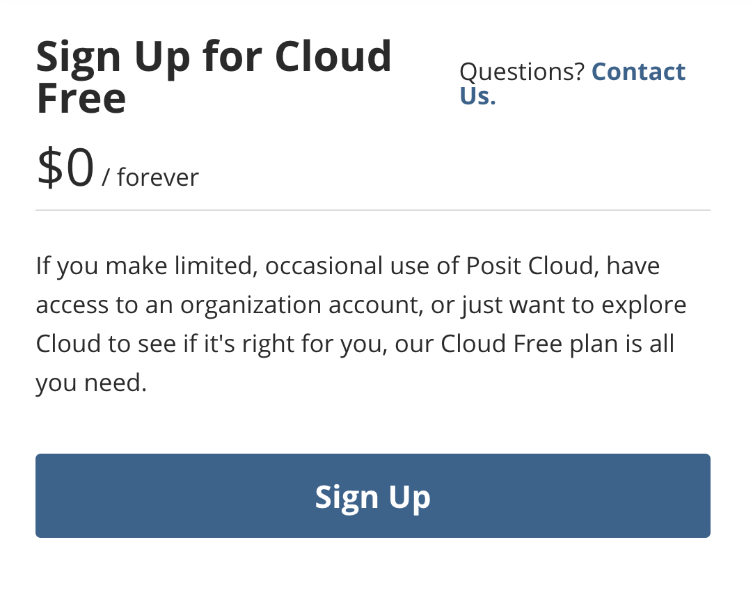 Posit.cloud page that reads sign up for Cloud Free.