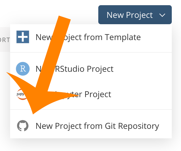 Menu from the New Project button on Posit.cloud with an arrow indicating New Project from Git Repository