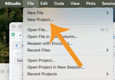 RStudio Desktop menu on a Mac, showing File menu with New Project option indicated.