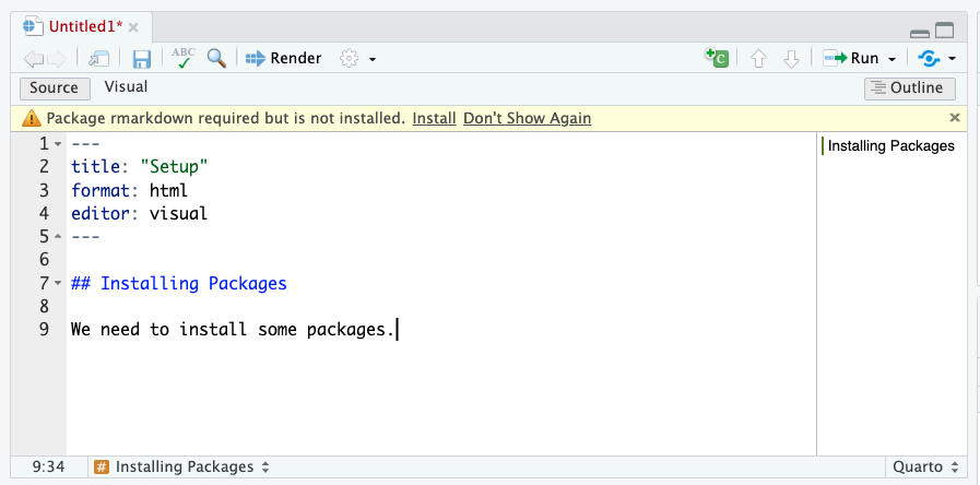 View of a short bit of Markdown that only includes a header line with two hash marks followed by 'Installing Packages' and then a line that reads 'We need to install some packages.'